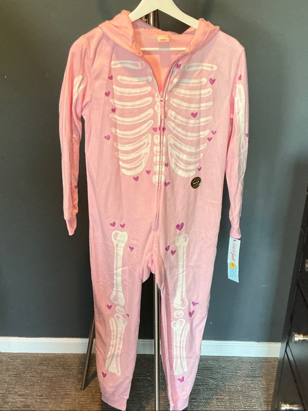 Glow in the Dark Pink Hooded Skeleton One Piece Pajamas